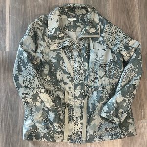 Green patterned rain jacket